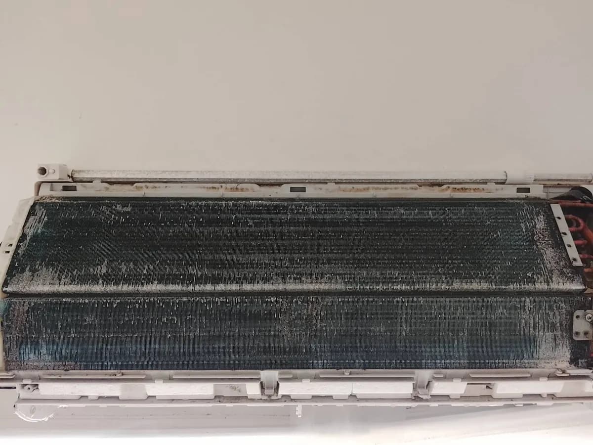 Indoor aircon coil covered in a fuzzy layer of dust